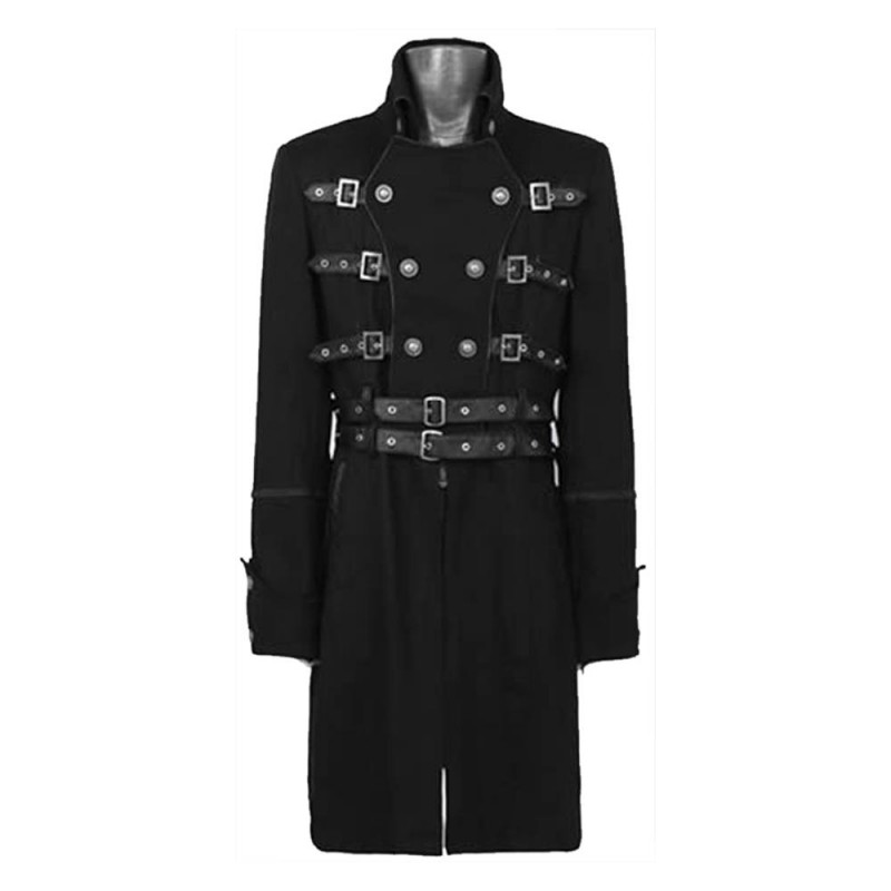 Men Black Double Breasted Coat Belted Buckle Coat Gothic Fashion Trench Coat